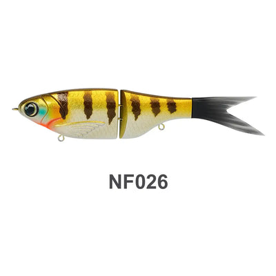 Yellow segmented swimbait lure with black stripes and split tail, treble hook