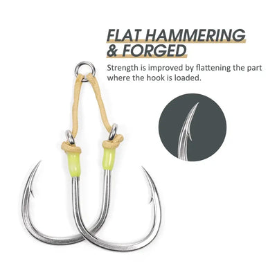 Forged twin assist jig hooks with bright tin finish and yellow-green bead grips