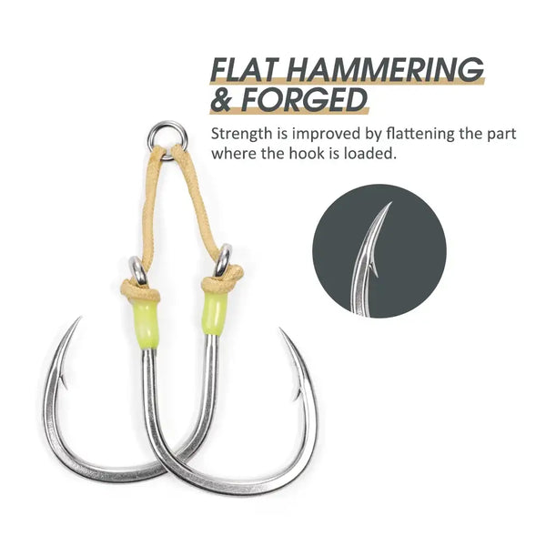 Forged twin assist jig hooks with bright tin finish and yellow-green bead grips