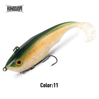 Soft T-tail sinking lure, dark green with orange speckle sides, clear white tail fin