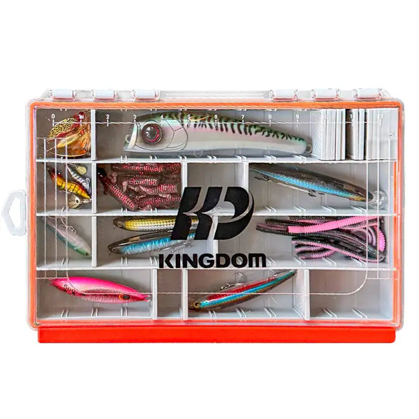 Fishing tackle box with clear lid showing multiple lures in orange frame
