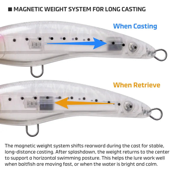 Magnetic weight system for long casting, cutaway view on floating stickbait lure