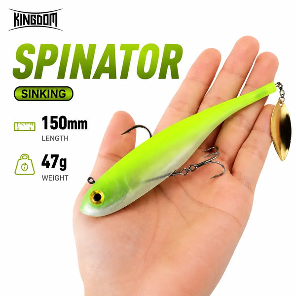 Neon green soft swimbait spinner lure with treble hook and metal blade