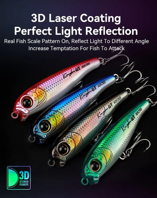 Set of 4 pencil fishing lures with 3D laser-coated scales and treble hooks, mixed colors
