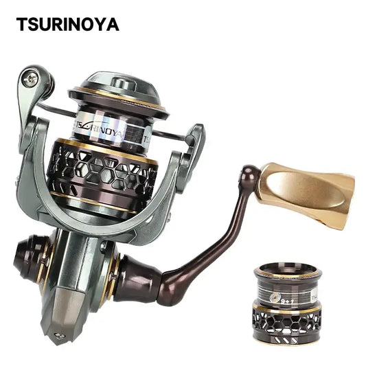 Spinning reel with metallic green body, gold spool, and matching handle, shown with spare spool