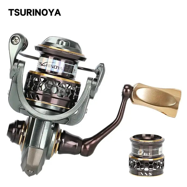 Spinning reel with metallic green body, gold spool, and matching handle, shown with spare spool