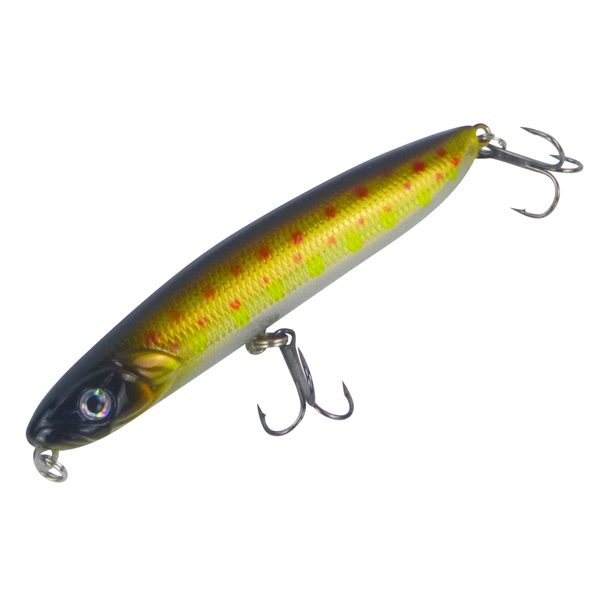 Fishing stickbait lure, chartreuse belly with dark back and side fins, treble hooks
