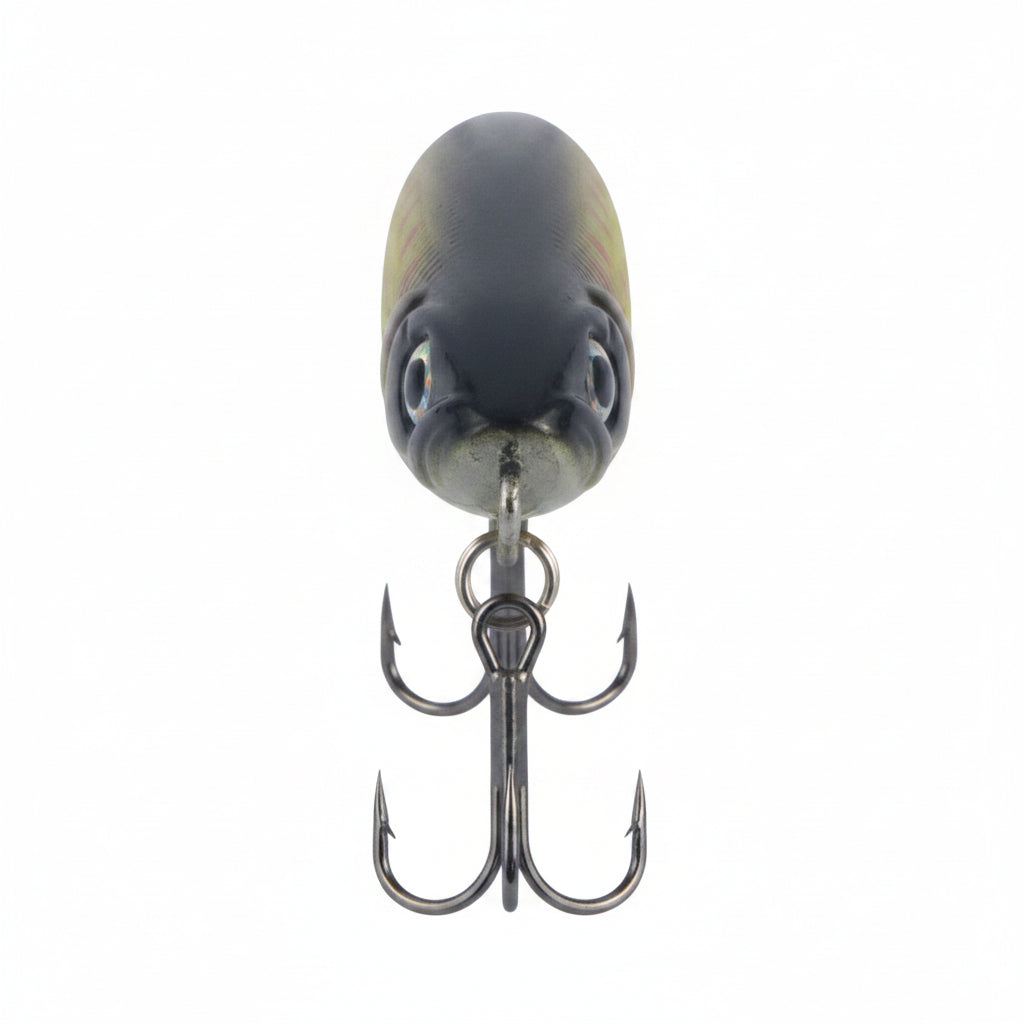Fishing stickbait lure front view, dark head and yellow-green body, twin treble hooks