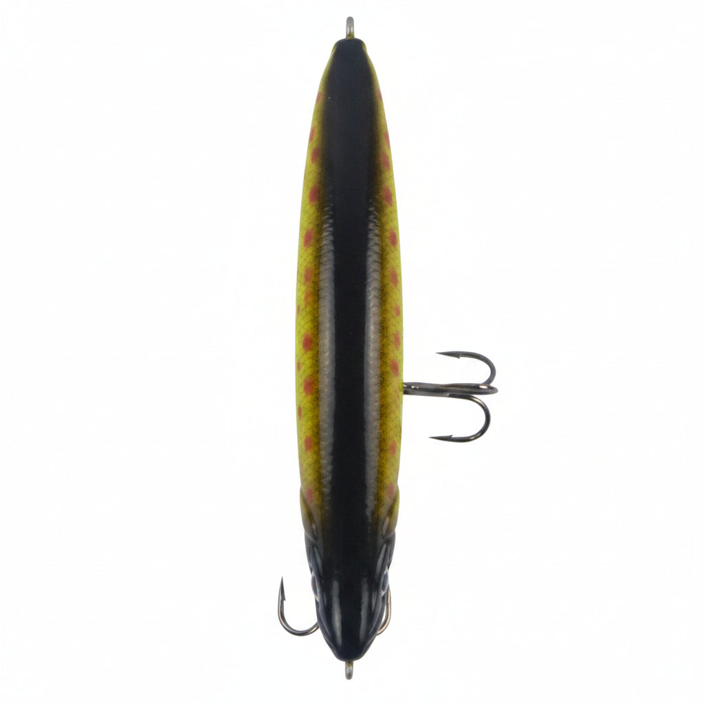 Fishing stickbait lure, yellow-green sides with dark center, two treble hook rigs