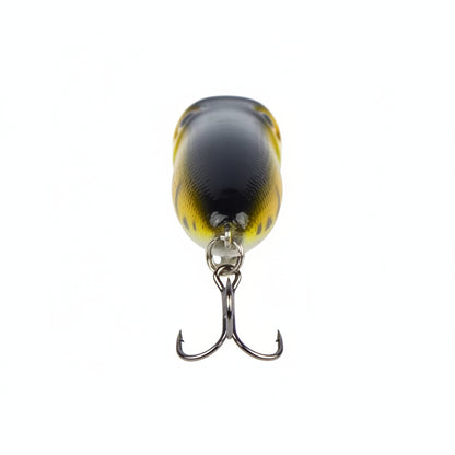 Surface popper fishing lure, black and gold body with two treble hooks
