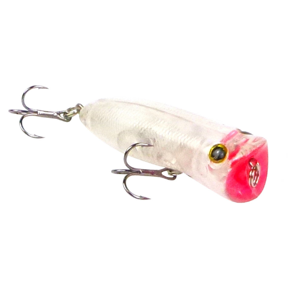 Fishing popper lure 55mm, clear white body with red end, treble hooks attached
