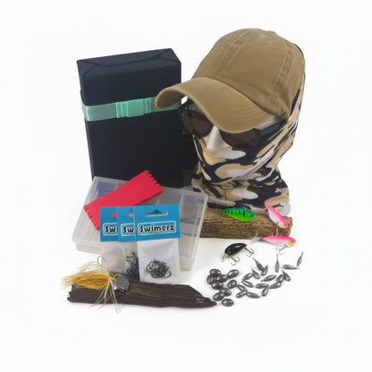 Fishing tackle gift box with lures, hooks, and soft baits in clear storage containers