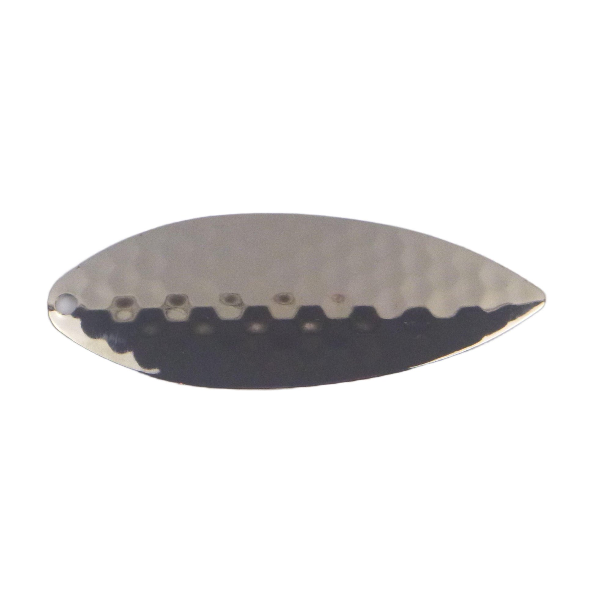 Trolling flasher blade in silver willow shape with dark stripe and linked hole line