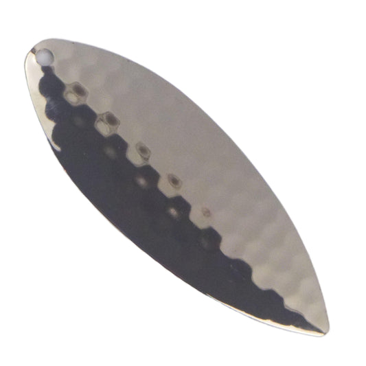 Trolling flasher blade, silver willow shape with dark center stripe and cutout holes
