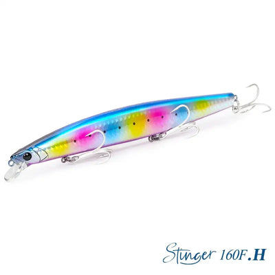 Floating minnow hard body lure, multicolor rainbow body with yellow and blue patterns