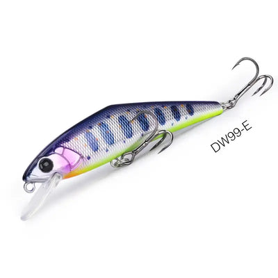 Blue-purple sinking minnow fishing lure with chartreuse stripe, treble hooks, DW99-E