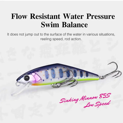 Blue and chartreuse slow-speed sinking minnow lure with lip and two treble hooks
