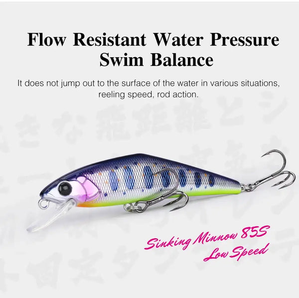Blue and chartreuse slow-speed sinking minnow lure with lip and two treble hooks