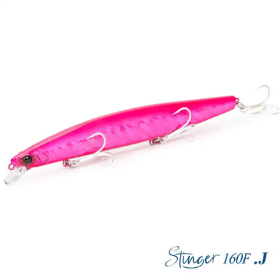 Floating minnow hard body lure, bright pink glossy finish with silver hooks
