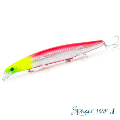 Floating minnow hard body lure, red body with yellow-green tail, lifelike eyes
