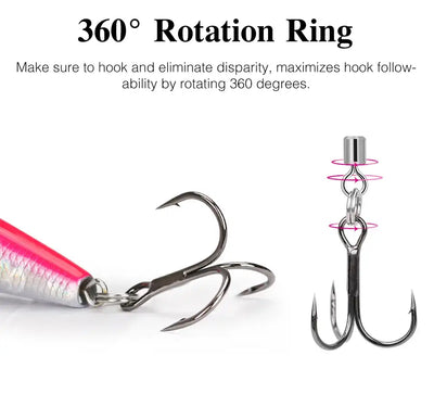 Slow speed sinking minnow lure with 360° rotating ring and two treble hooks