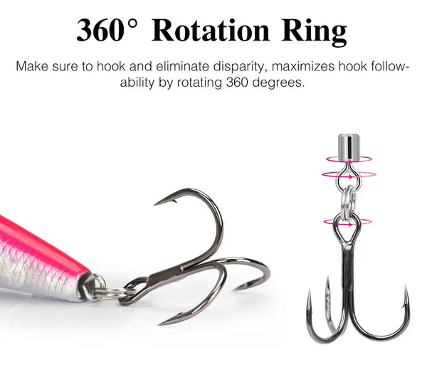 Slow speed sinking minnow lure with 360° rotating ring and two treble hooks