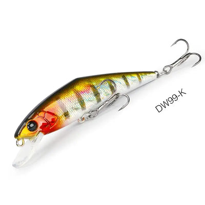 Gold-olive sinking minnow fishing lure with red belly, treble hooks, DW99-K