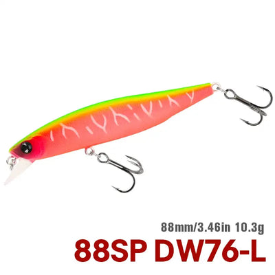 Red and green gradient minnow jerkbait with treble hooks, 88SP DW76-L