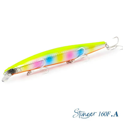Floating minnow hard body lure, neon green top with multicolor belly and treble hooks