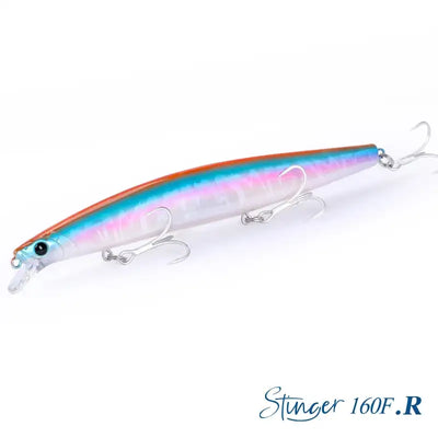 Floating minnow hard body lure, iridescent blue with purple sheen and orange stripe