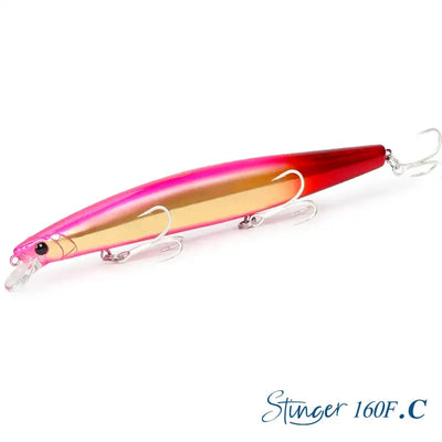 Floating minnow lure, red-to-gold gradient body with pink underside, treble hooks
