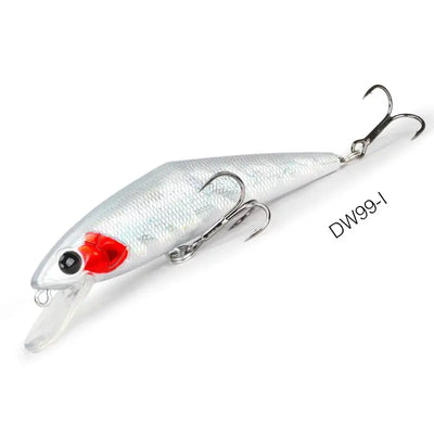 White-silver sinking minnow fishing lure with red face detail, treble hooks, DW99-I