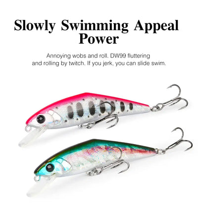Slow-speed sinking minnow lures, red-pink and silver-blue, each with treble hooks