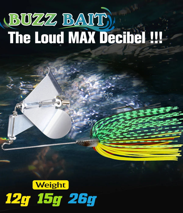 Topwater buzzbait with silver blades and green-and-yellow spinner skirt, white/black threads