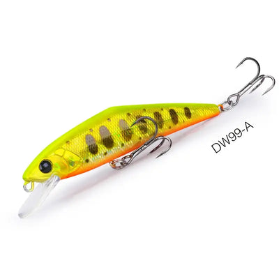 Yellow-green sinking minnow fishing lure with dark side markings, treble hooks, DW99-A