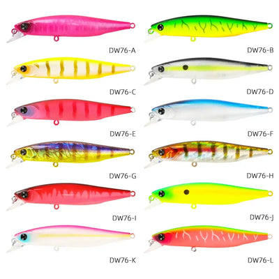 Suspending minnow jerkbait lures assortment in multiple colors, each with treble hooks