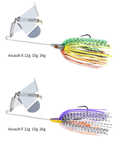 Buzzbait topwater lure with green-yellow spinner skirt and purple-speckled skirt