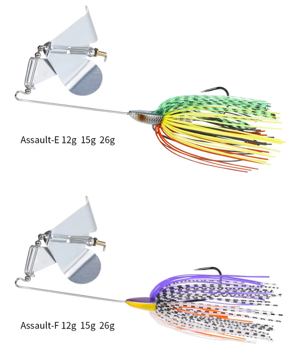 Buzzbait topwater lure with green-yellow spinner skirt and purple-speckled skirt