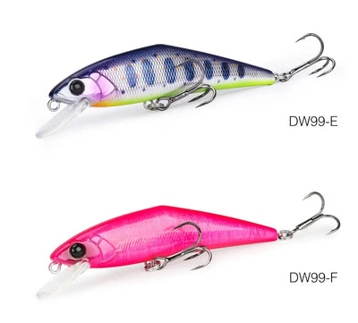 Blue-purple and bright pink minnow fishing lures with silver treble hooks