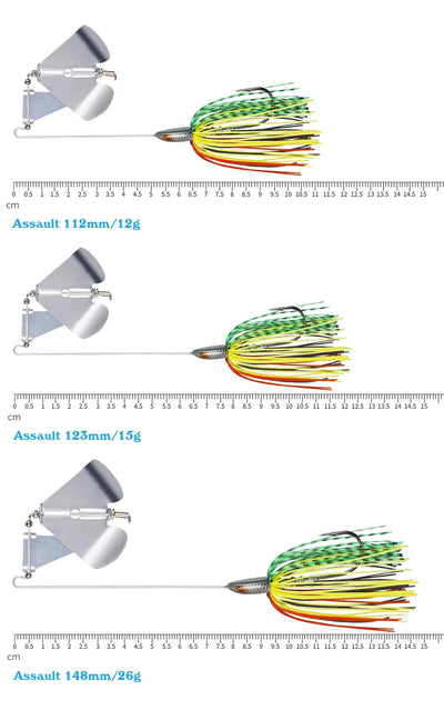 Buzzbait topwater lure with silver head and lime-green/yellow spinner skirt