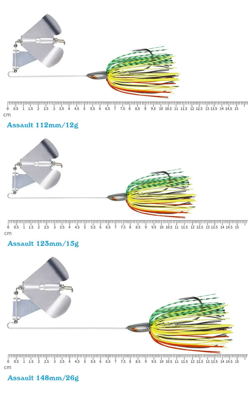 Buzzbait topwater lure with silver head and lime-green/yellow spinner skirt