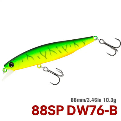 Suspending minnow jerkbait with chartreuse green body and two treble hooks