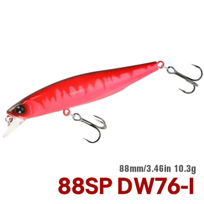 Suspending minnow jerkbait with red glossy body and two treble hooks