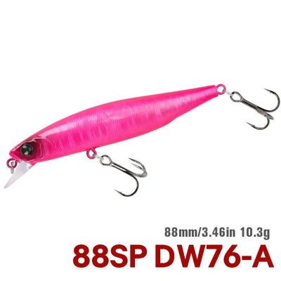 Suspending minnow jerkbait with hot pink body and two treble hooks