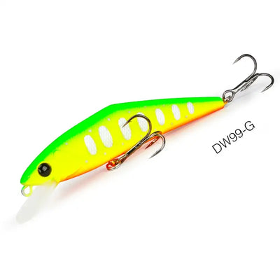 Bright green-and-yellow sinking minnow fishing lure with treble hooks, DW99-G