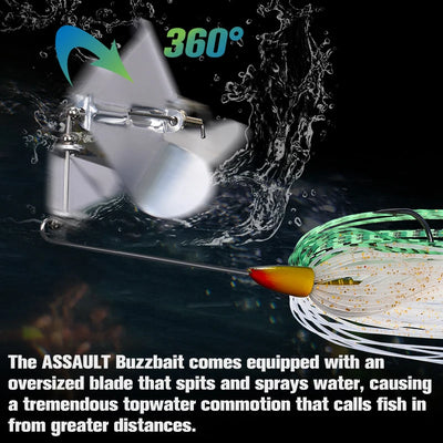 Topwater buzzbait lure with silver blades and green, white, and black spinner skirt