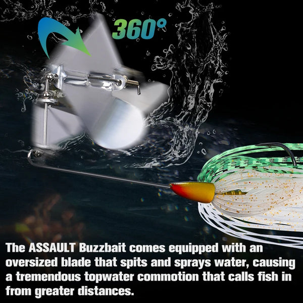 Topwater buzzbait lure with silver blades and green, white, and black spinner skirt