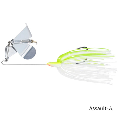 Topwater buzzbait lure with silver spinner blade, white skirt with neon-green strands, yellow head.