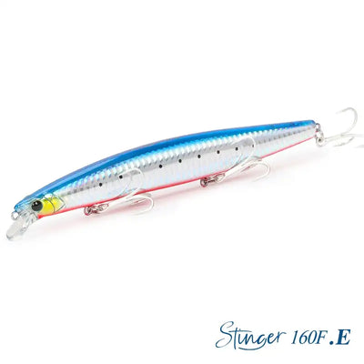 Floating minnow hard body lure, blue top with red stripe and speckles, treble hooks