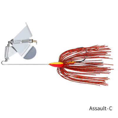 Topwater buzzbait lure with silver spinner blade, red skirt with black threads, yellow head.